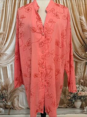 Susan Graver Coral Pink Floral Button-Front Tunic